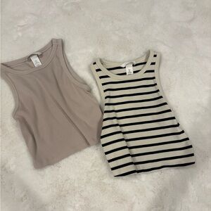 H&M Ribbed Tank Top Set - Beige & Cream with Black Stripes